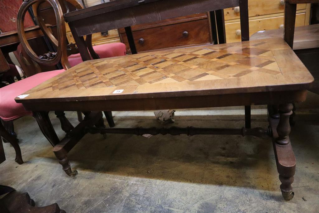 A Victorian walnut parquetry topped occasional table, width 50cm, depth 102cm, height 47cm